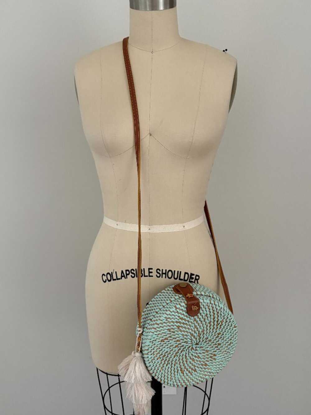 Boho Round Mint Blue Rattan Crossbody Bag Palm Print Lining Coastal Girl